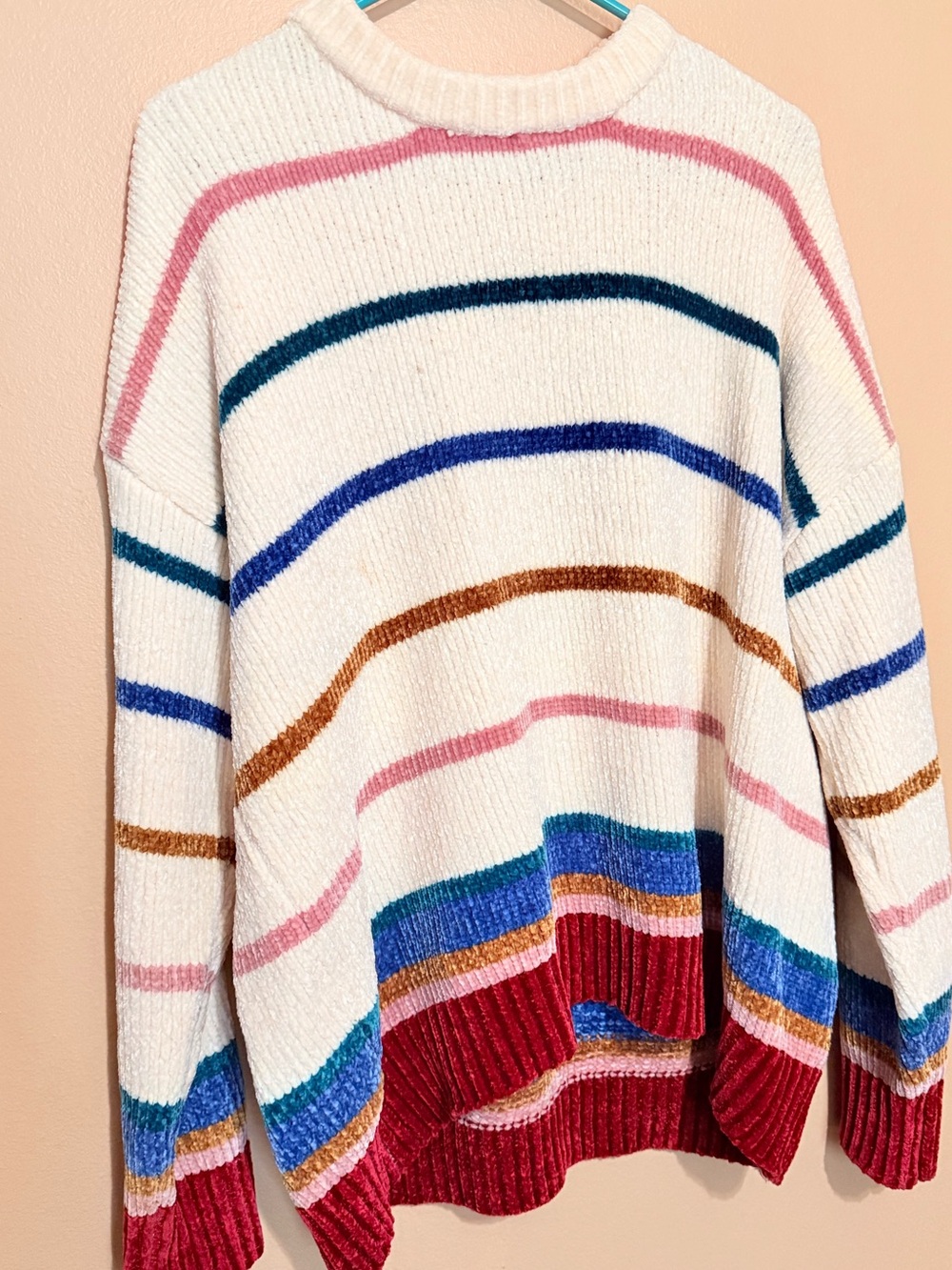 DAVI & DANI Cream Crewneck Sweater with Multicolor Stripes